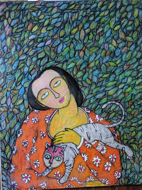 Cat with Woman in Orange — Acrylic on canvas by Indian artist B. Jayaram