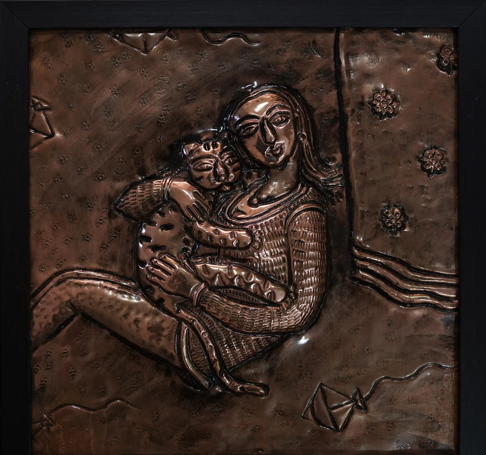 Cat with Woman I — Relief on copper by B. Jayaram