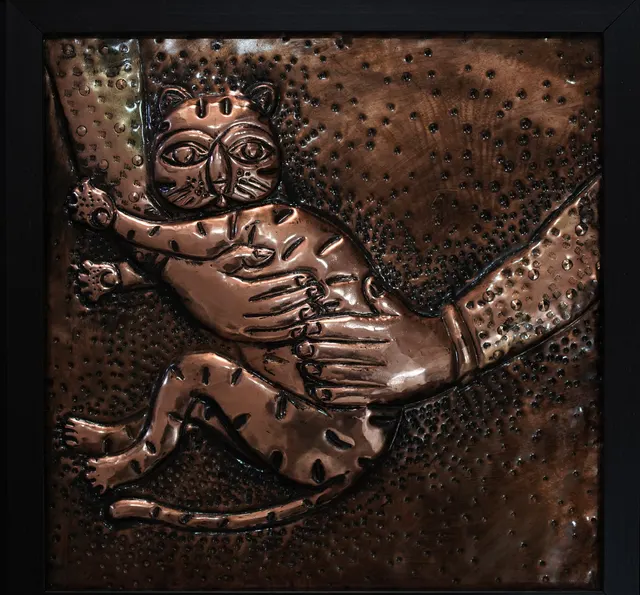 Cat with Woman III — Relief on copper by Indian artist B. Jayaram