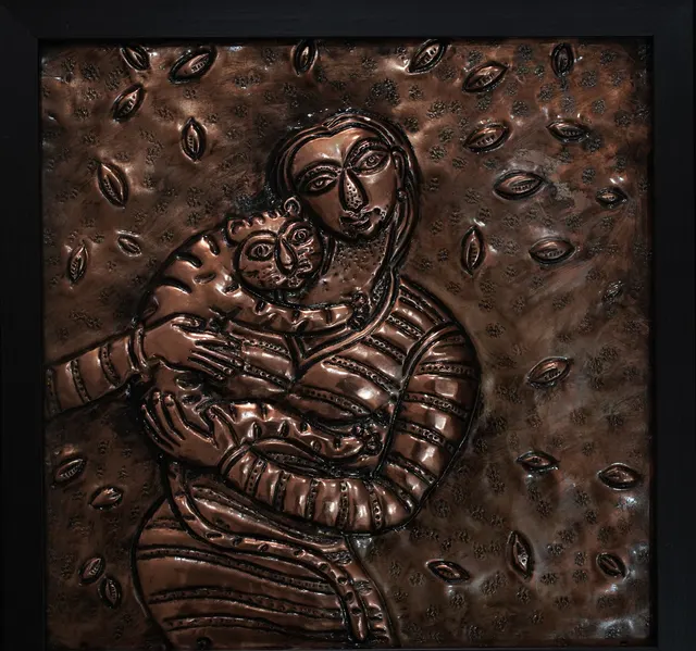 Cat with Woman V — Relief on copper by Indian artist B. Jayaram