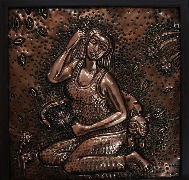 Cat with Woman VII — Relief on copper by Indian artist B. Jayaram