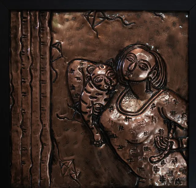 Cat with Woman VIII — Relief on copper by Indian artist B. Jayaram
