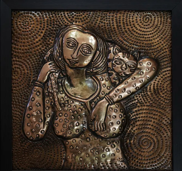Cat with Woman IX — Relief on copper by Indian artist B. Jayaram