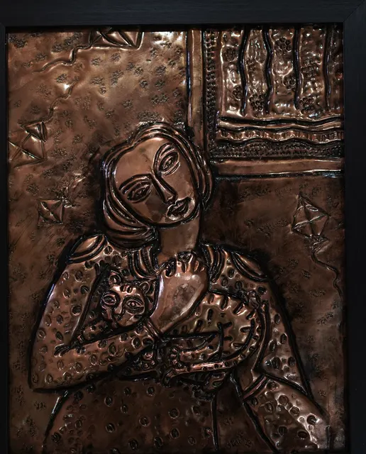 Cat with Woman XII — Relief on copper by Indian artist B. Jayaram