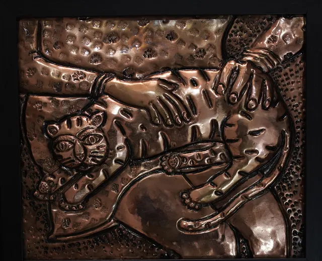 Cat with Woman XIII — Relief on copper by Indian artist B. Jayaram