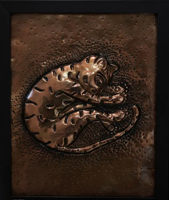 Cat with Woman XIV — Relief on copper by Indian artist B. Jayaram