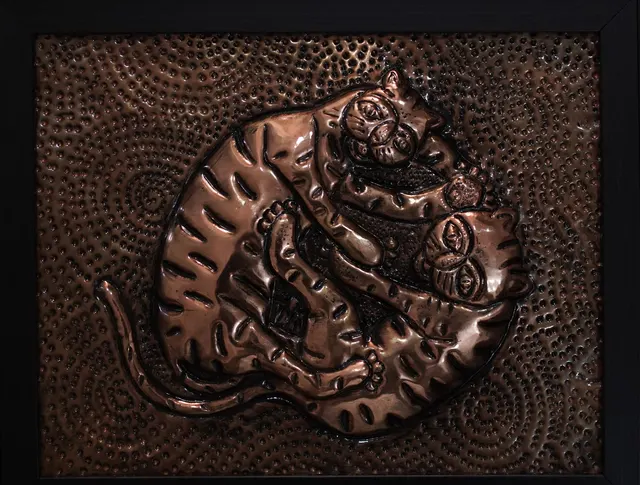 Cat with Woman XV — Relief on copper by Indian artist B. Jayaram