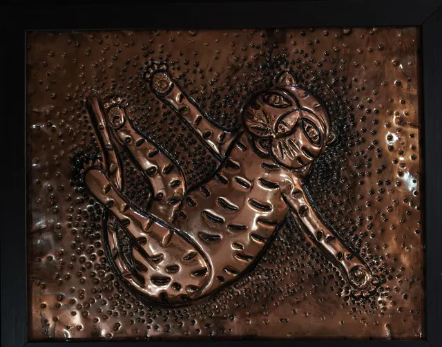 Cat with Woman XVI — Relief on copper by Indian artist B. Jayaram