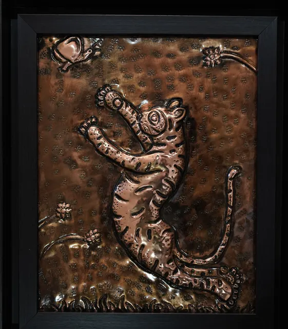 Cat with Woman XIX — Relief on copper by Indian artist B. Jayaram