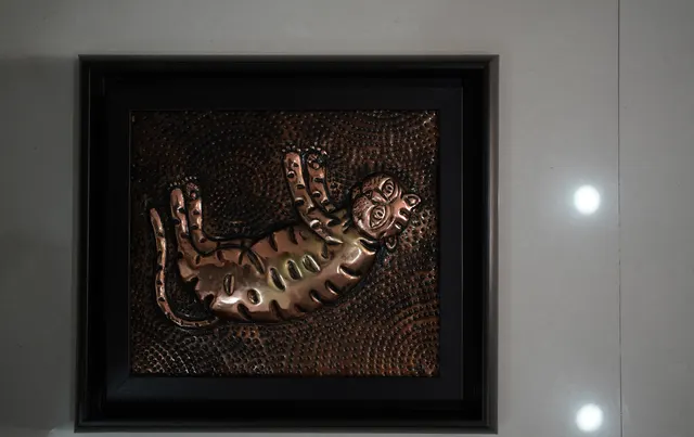 Cat with Woman XXI — Relief on copper by Indian artist B. Jayaram