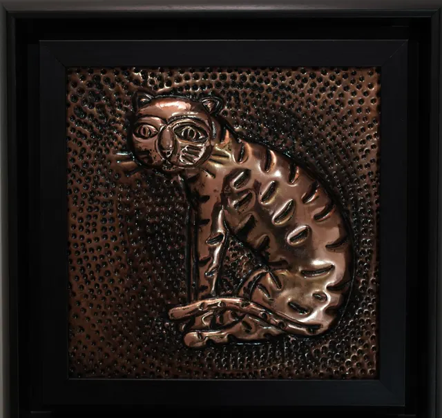 Seated Cat — Relief on copper by Indian artist B. Jayaram