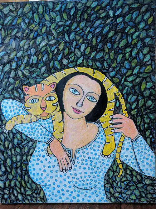 Cat with Woman — Under the Canopy, acrylic on canvas by B. Jayaram