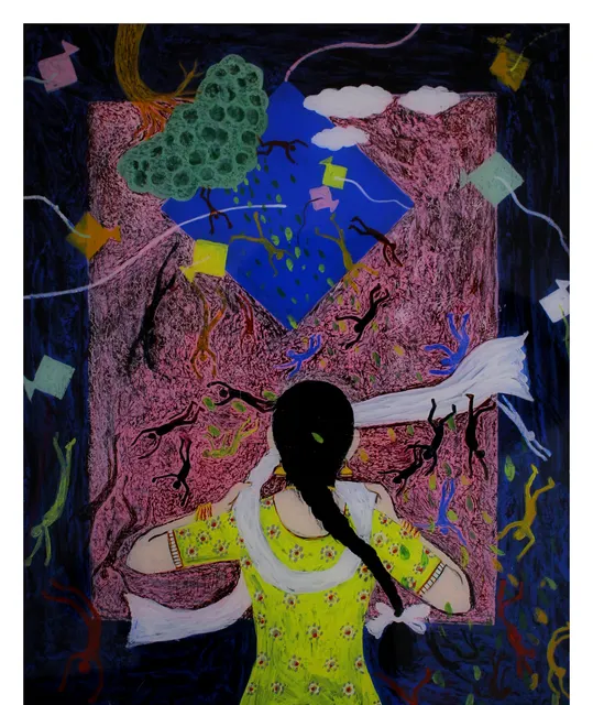 Kites V — Mixed media on canvas by Indian artist B. Jayaram