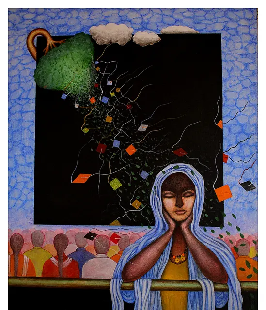 Kites VI — Mixed media on canvas by Indian artist B. Jayaram