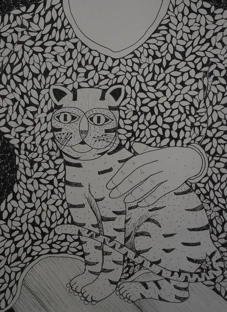 Cat Study IX — Pen and ink on paper by Indian artist B. Jayaram