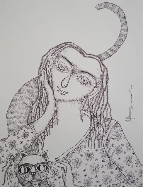 Cat Study X — Pen and ink on paper by Indian artist B. Jayaram