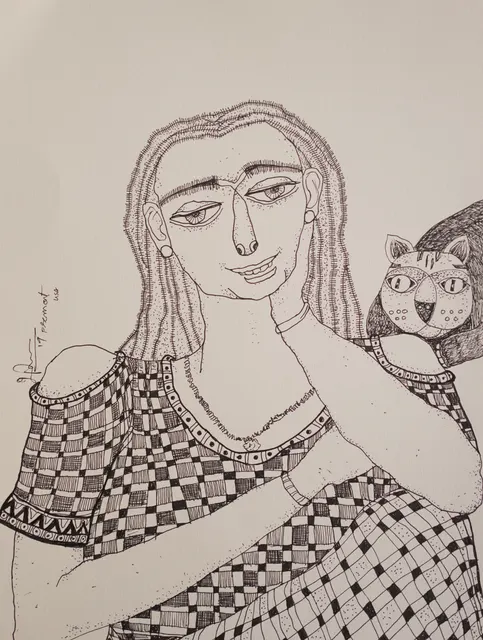 Cat with Woman — Fremont — Pen and ink on paper by Indian artist B. Jayaram
