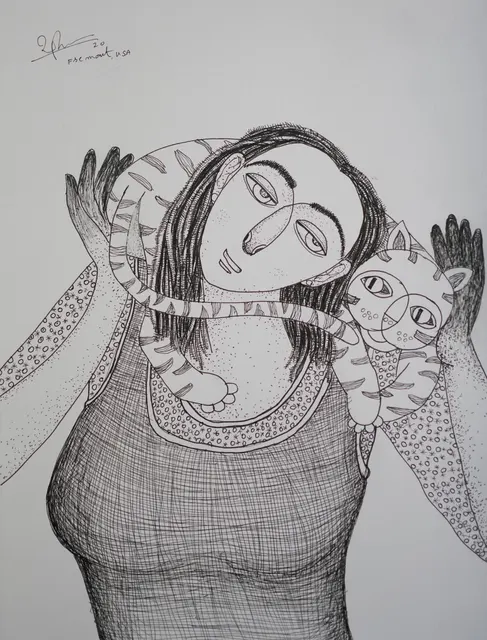 Cat Study XIV — Pen and ink on paper by Indian artist B. Jayaram