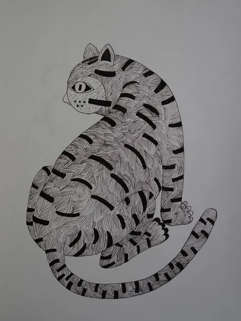 Cat Study XVIII — Pen and ink on paper by Indian artist B. Jayaram