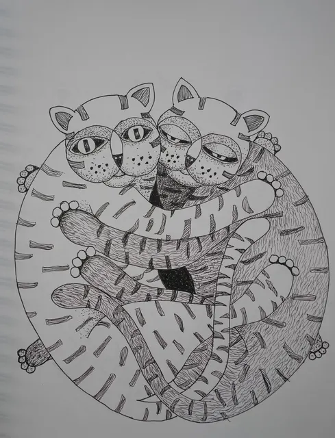 Twin Cats — Pen and ink on paper by Indian artist B. Jayaram